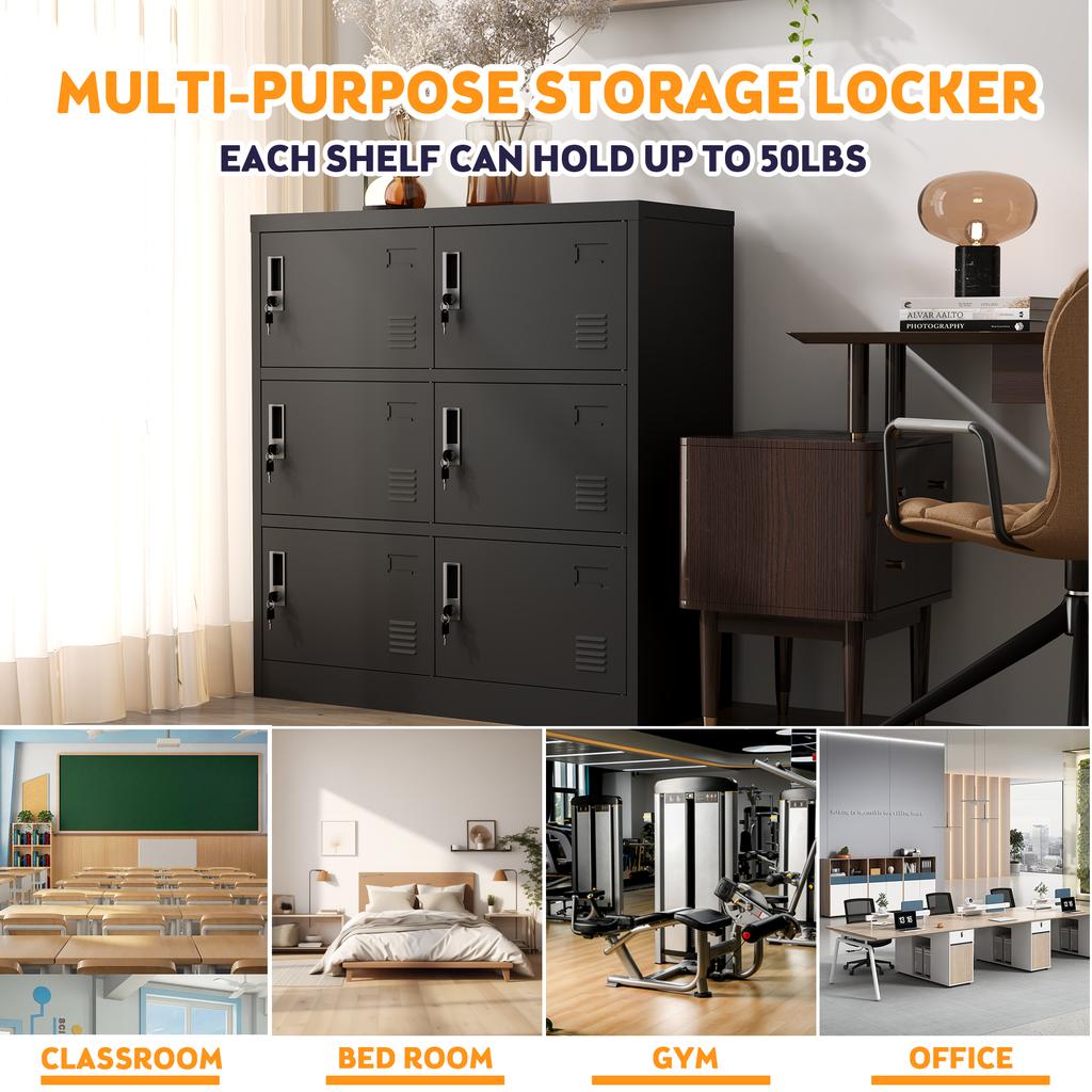 6-Door Metal Cabinets for Office, Gym, School & Home - Secure Storage Cabinet with Card Slot (Black). H 100 cm × B 90 cm × T 40 cm