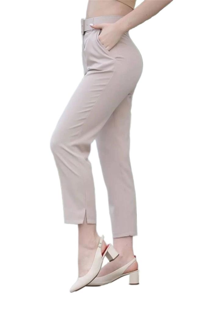 Women's Style Plus Size Pants Belt And Pleat Detailed Fabric Trousers 1754 Mink