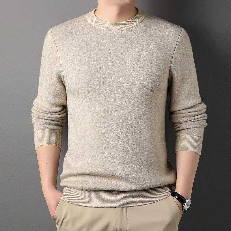 Autumn Winter Men s Round Neck Solid Color Knit Sweater 3XL бежевый