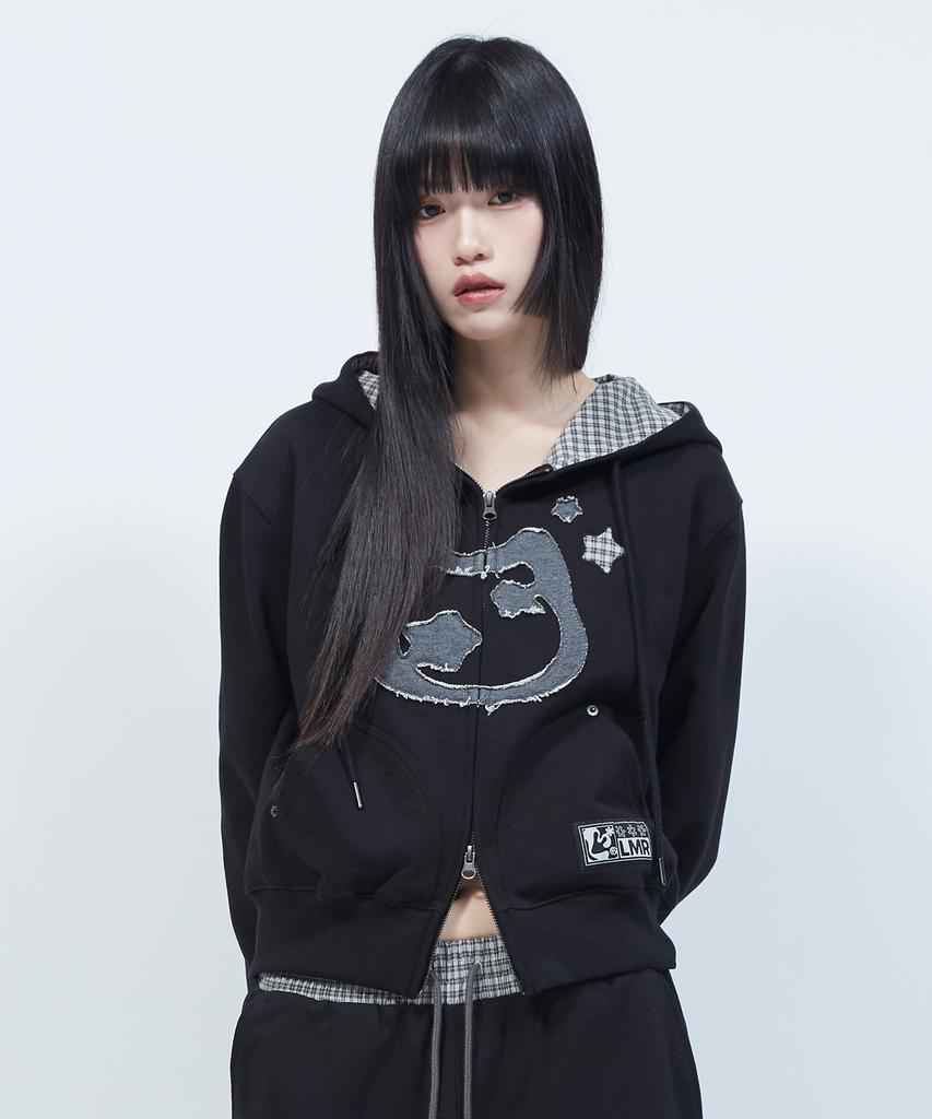 Lmr Cat Symbol Patchwork Crop Zip-Up Hoodie Black