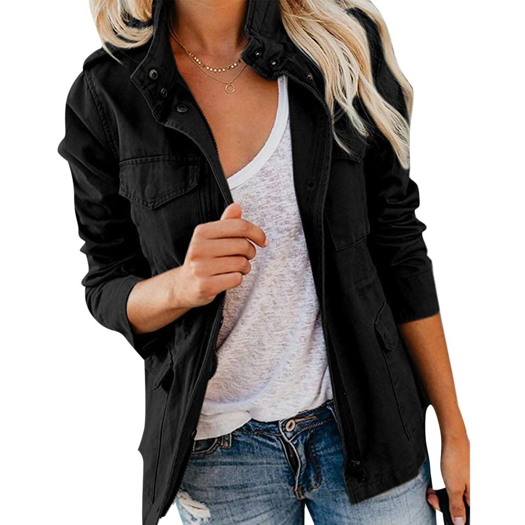 Autumn Women Waist Tunic Coats Retro Multi-Pocketed Jacket Turn-Down Collar Button Solid Color Outwear Coats