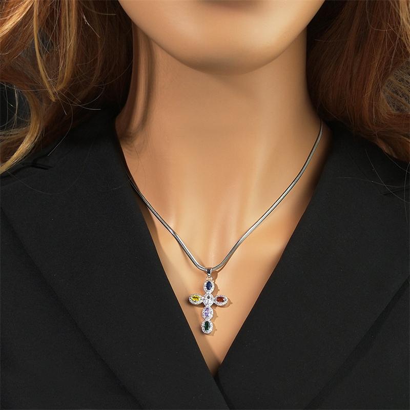 Multi Color Crystal Zircon Cross Necklace for Women Stainless Steel Silver Color Charm Religious Necklaces Jewelry GiftHH42-5