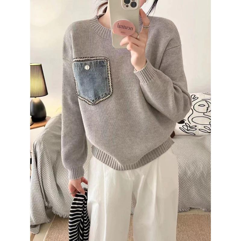 

Контрастный цвет круглый вырез сращивание джинсовый вязаный свитер топ осень и зима новый свободный свитер пуловер женский one size fits all серый