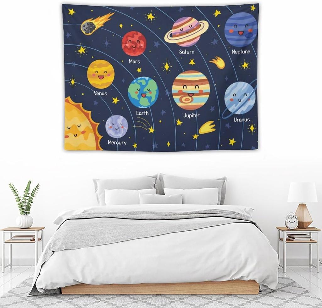 Cartoon Solar System Tapestry for Kids Boys Girls,Cute Outer Space Planet Universe Galaxy Print Tapestry Wall Hanging Home Décor