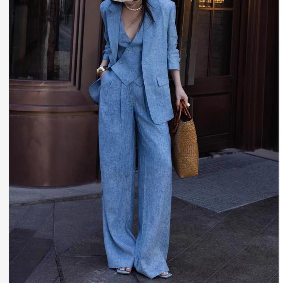  Fashion Set Summer Spring New Design Blue Linen Blazer Wide Leg Pants Three Piece Suit