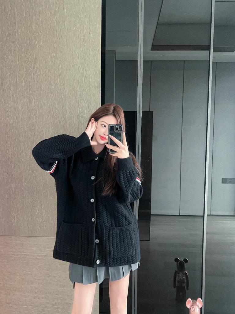 Double-Sleeve Herringbone Lapel Knit Cardigan Sweater for Women
