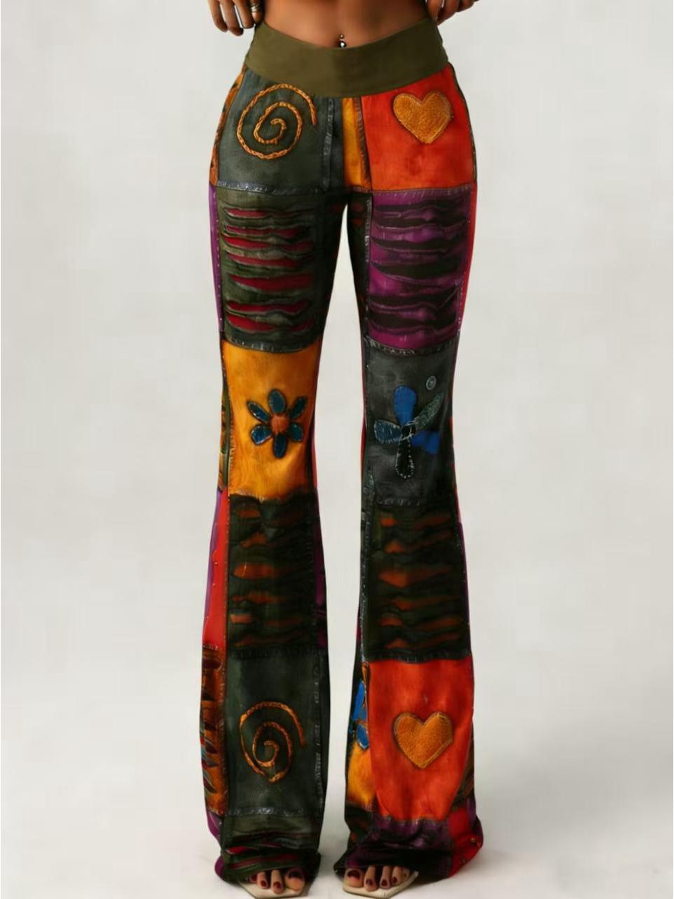 2026 Women s Ethnic Style Tie-Dye High-Waisted Retro Flare Pants M фиолетовый