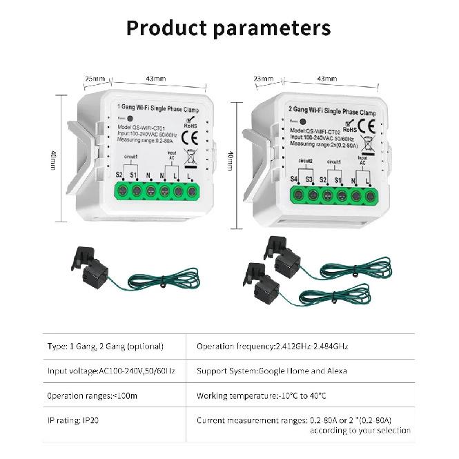 Tuya Smart Wifi Energy Meter Current Sensor Statistician for Solar PV System Home Power Monitor 110-240V 80A Single Phase Clamp