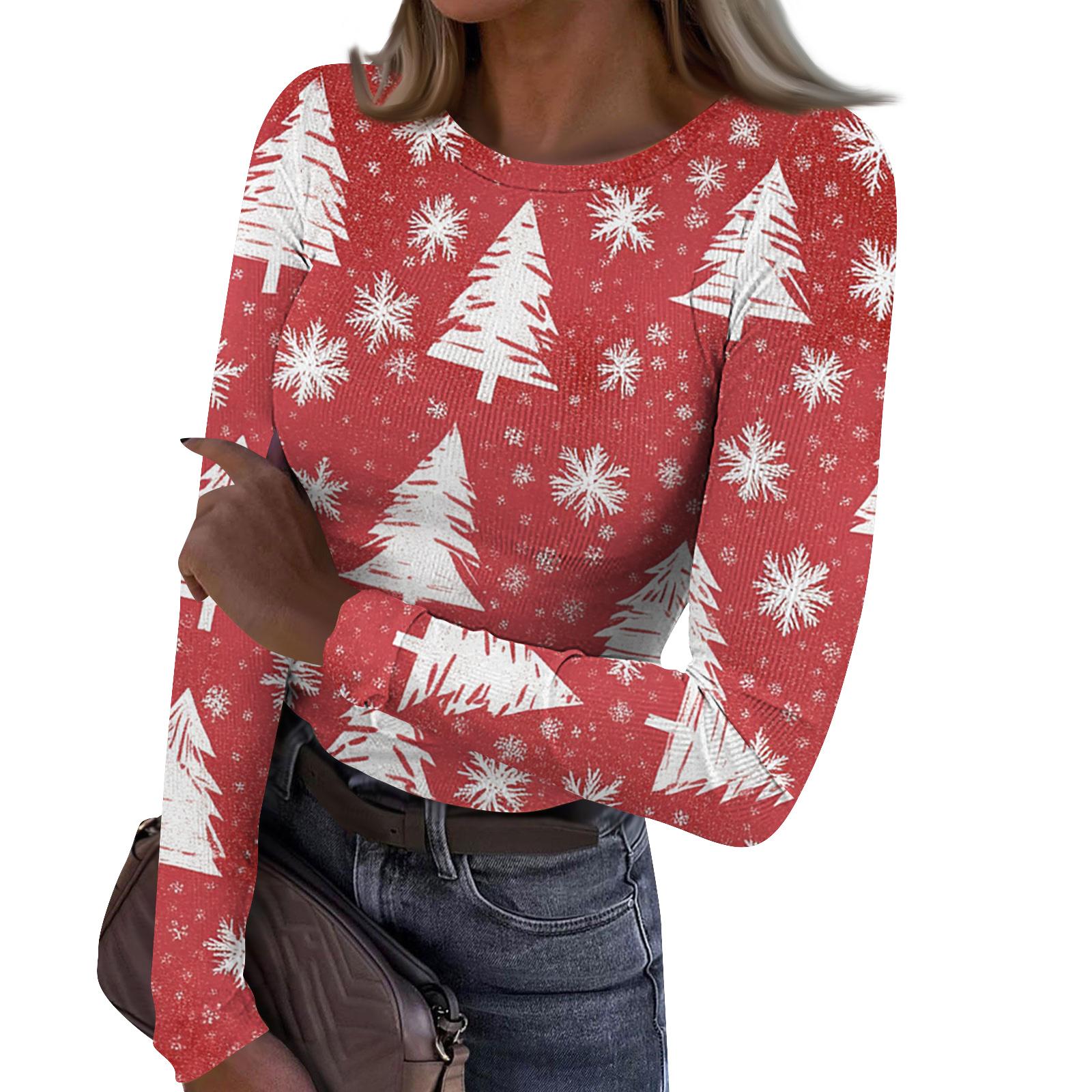 

Women s Fashion Slim-Fit Round Neck Base Layer T-Shirt Christmas Print Long-Sleeved Top XL арбуз красный