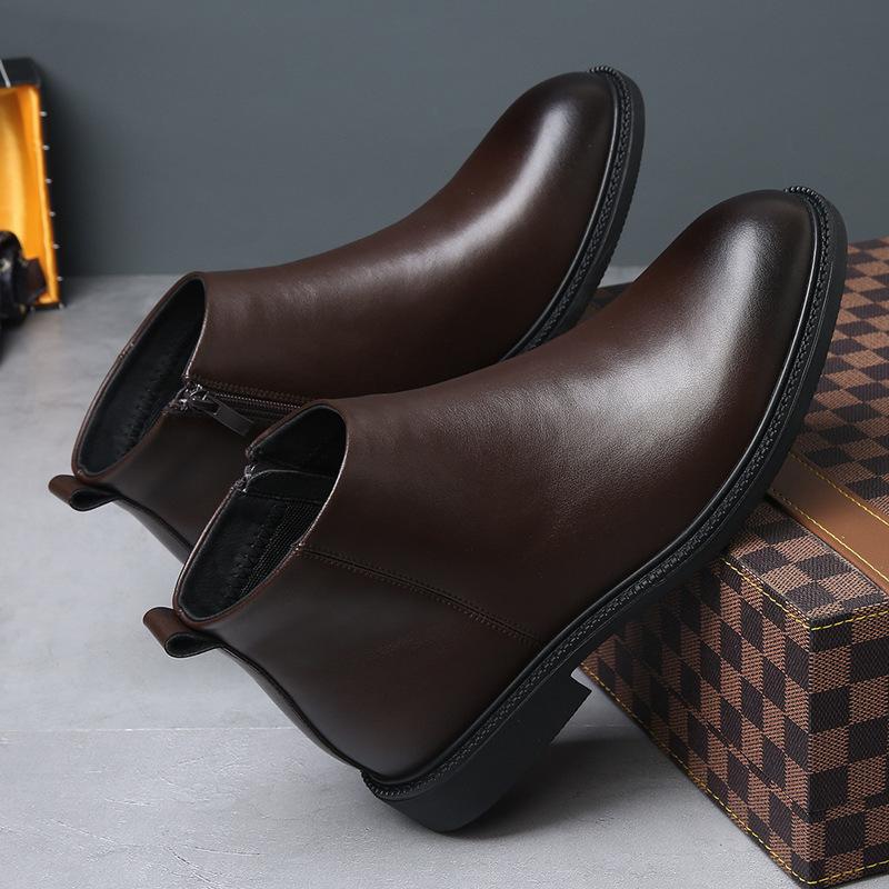 Chelsea boots men's autumn and winter leather velvet short boots British style high-top trendy versatile warm leather boots