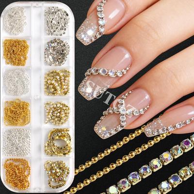 Gold & Silver Chains, Steel Beads, Pearls, Colorful Rhinestones - 3D Nail Art Accessories for DIY 2026.