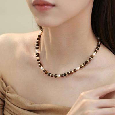 Natural Pearl Necklace French Maillard Tiger's Eye Stone Beaded Clavicle Chain Vintage Necklace