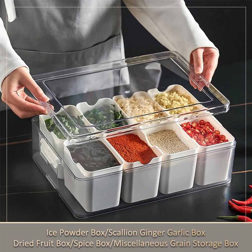 Food Serving Tray with 8 Small with Removable Boxes Spice Storage Jars Seasoning box for Fridge Fruit&Veggie Container with Lid