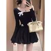 Xiaoxiangfeng black off-the-shoulder bow dress women's spring new unique and beautiful waist and thin short skirt