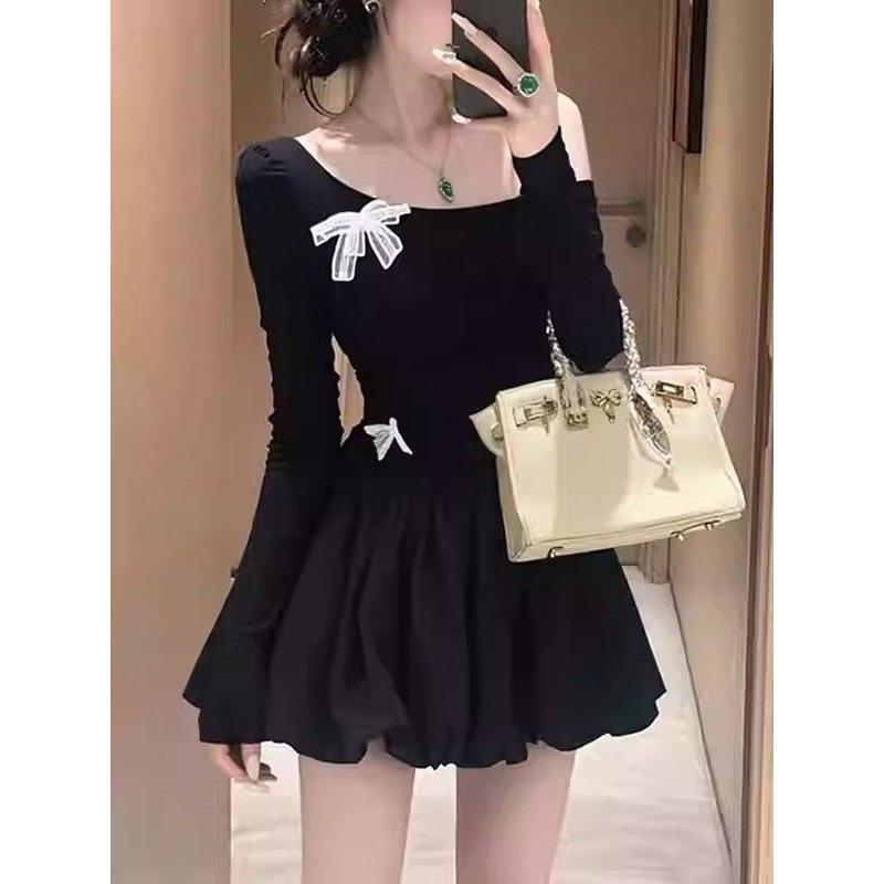 Xiaoxiangfeng black off-the-shoulder bow dress women's spring new unique and beautiful waist and thin short skirt