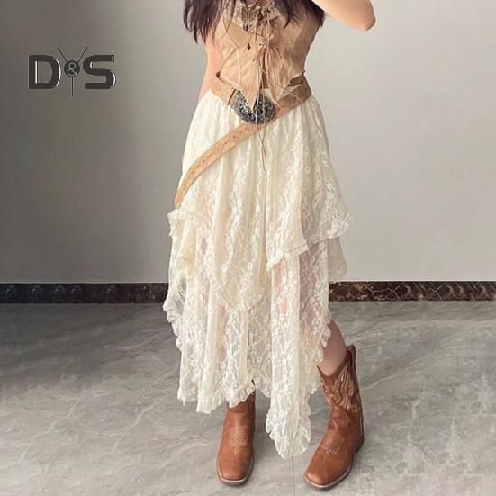 Retro sukně s elastickým vysokým pasem, krajkou a nepravidelným designem, midi sukně ve francouzském stylu, retro výšivka, krajka s květinovou výšivkou