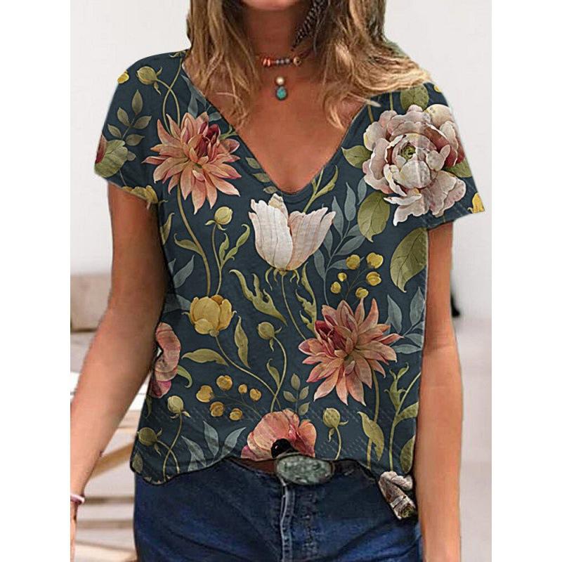 Summer V-neck 3D Flower Printed Top Fashionable Casual Short Sleeved Women's T-shirts