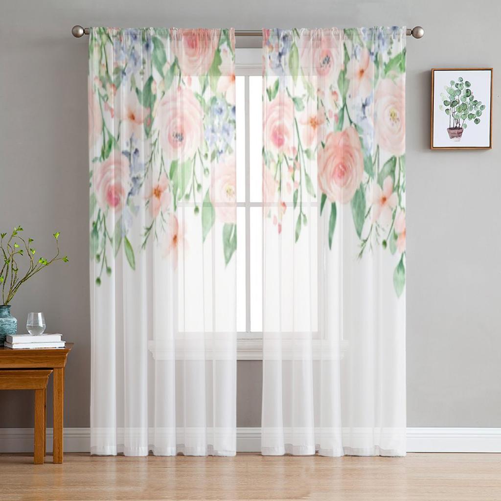 Watercolor Flowers Pink Roses Sheer Window Curtains For Living Room Bedroom Voile Tulle Curtains Fabric Drapes For Kitchen