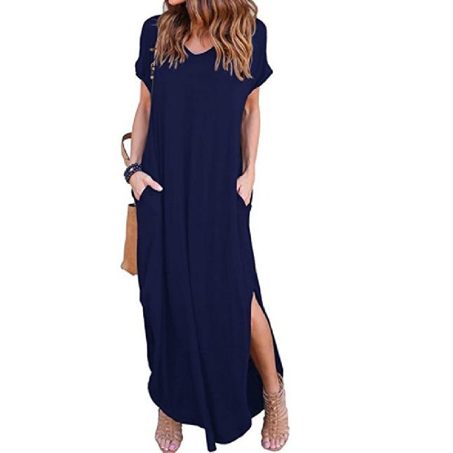 Summer New Women's Solid Color V-Neck Loose Casual Pocket Slit Dress