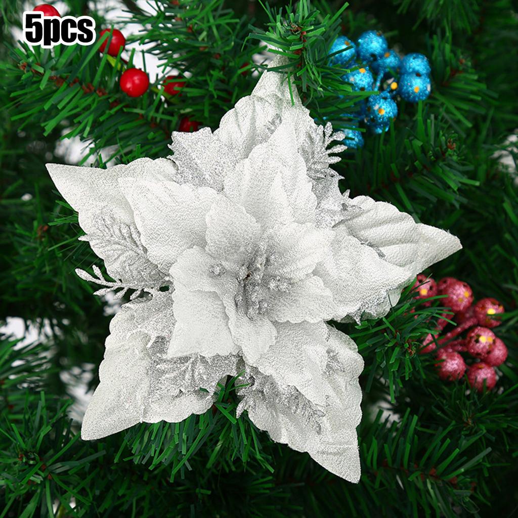 5 Pack Christmas Poinsettia Glitter Flower Ornaments in Colors