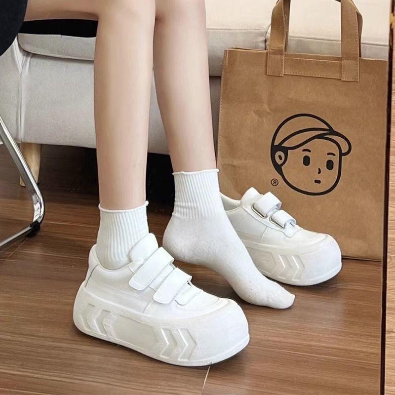 Velcro Big Head Platform Bread Shoes for Women 2025 Autumn New College Style Sports Leisure Height Increase White Shoes for Women