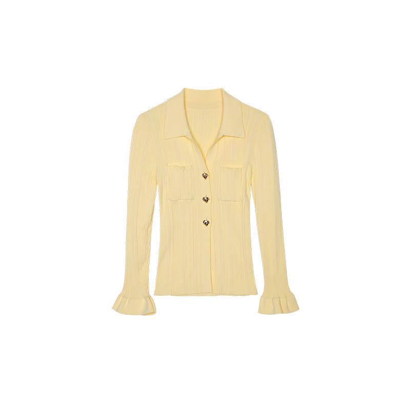 

Женский светло-желтый вязаный кардиган Hongshan с воротником-поло и кружевными рукавами Medium