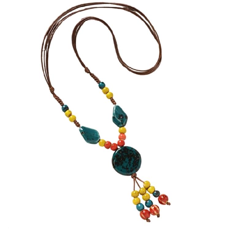 Delicate Ceramic Flower Beaded Necklace Handcrafted Retro Long Sweater Chain For Various Occasions