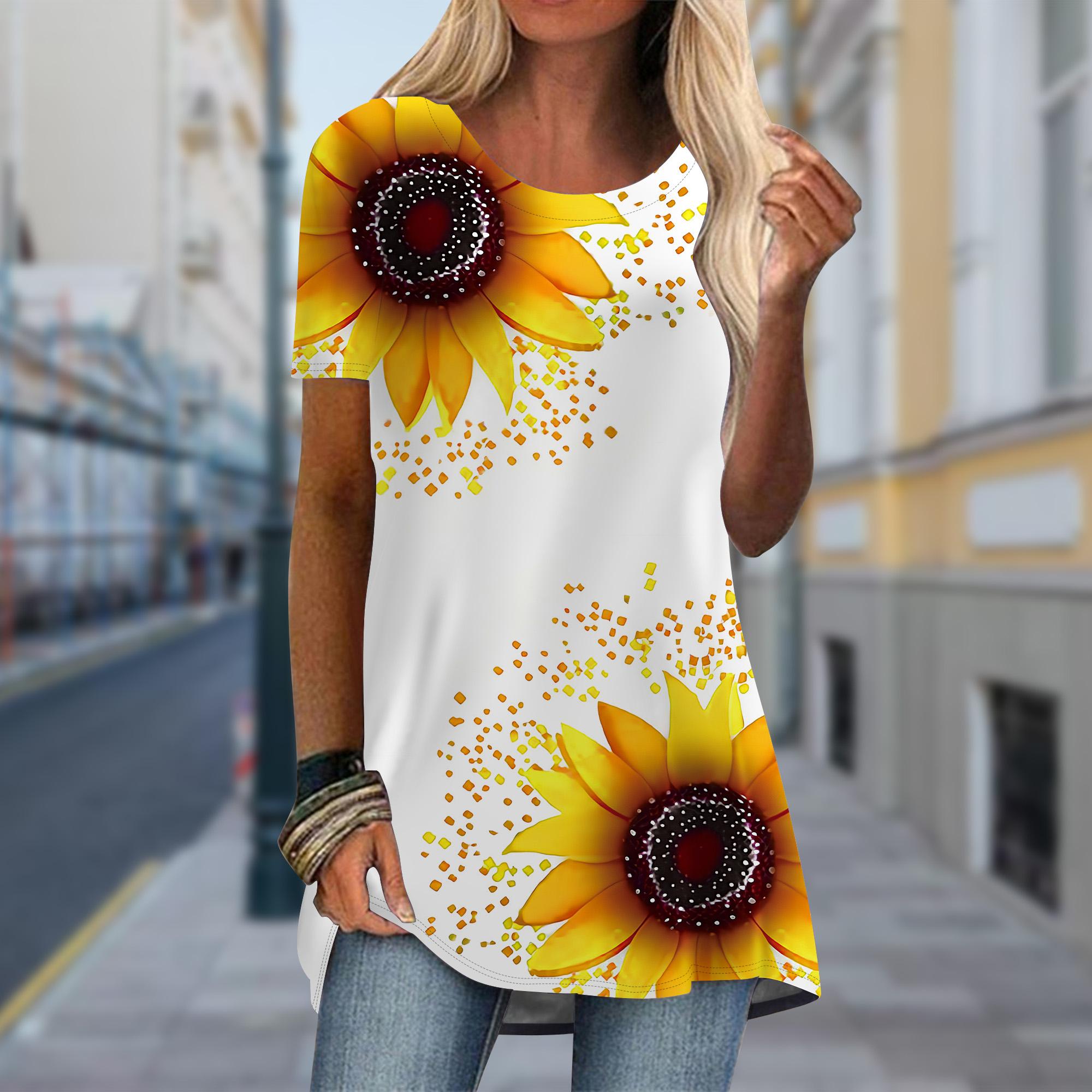

Плюс размер Женская весенняя футболка с принтом подсолнуха, удобная, с коротким рукавом и круглым воротником, повседневные мешковатые футболки средней длины 6XL белый