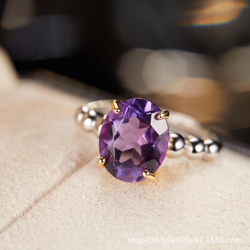 Non-Fading High-End S925 Sterling Silver 18K Gold Natural Amethyst Lucky Treasure Ring Women'S Simple Jewelry