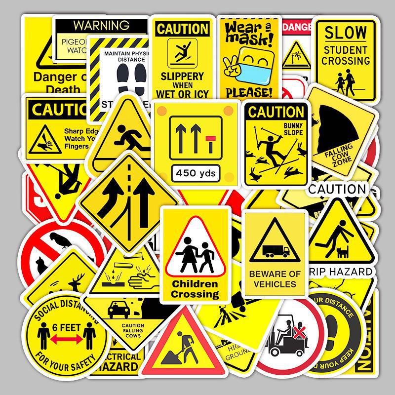 50 Waterproof Cartoon Warning Sign Decorative Stickers for Luggage, Scooter, or Computer.