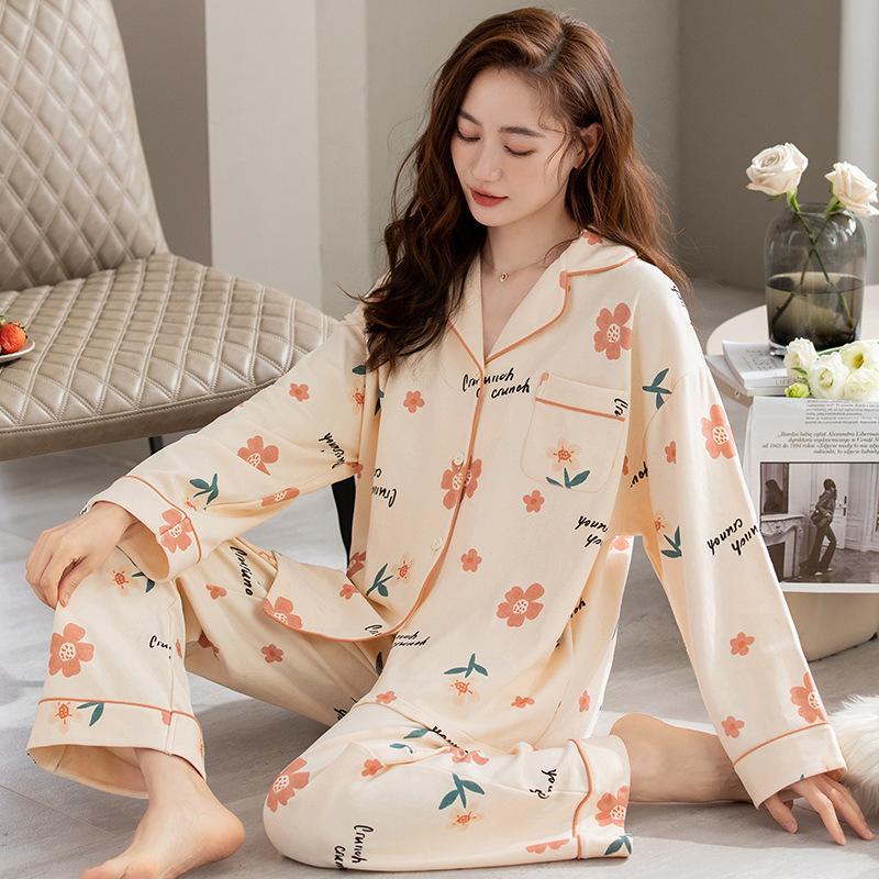 Pajamas Women's Spring and Autumn 100% Pure Cotton Long-sleeved Thin 1011 New Spring and Summer High-end Loungewear Set