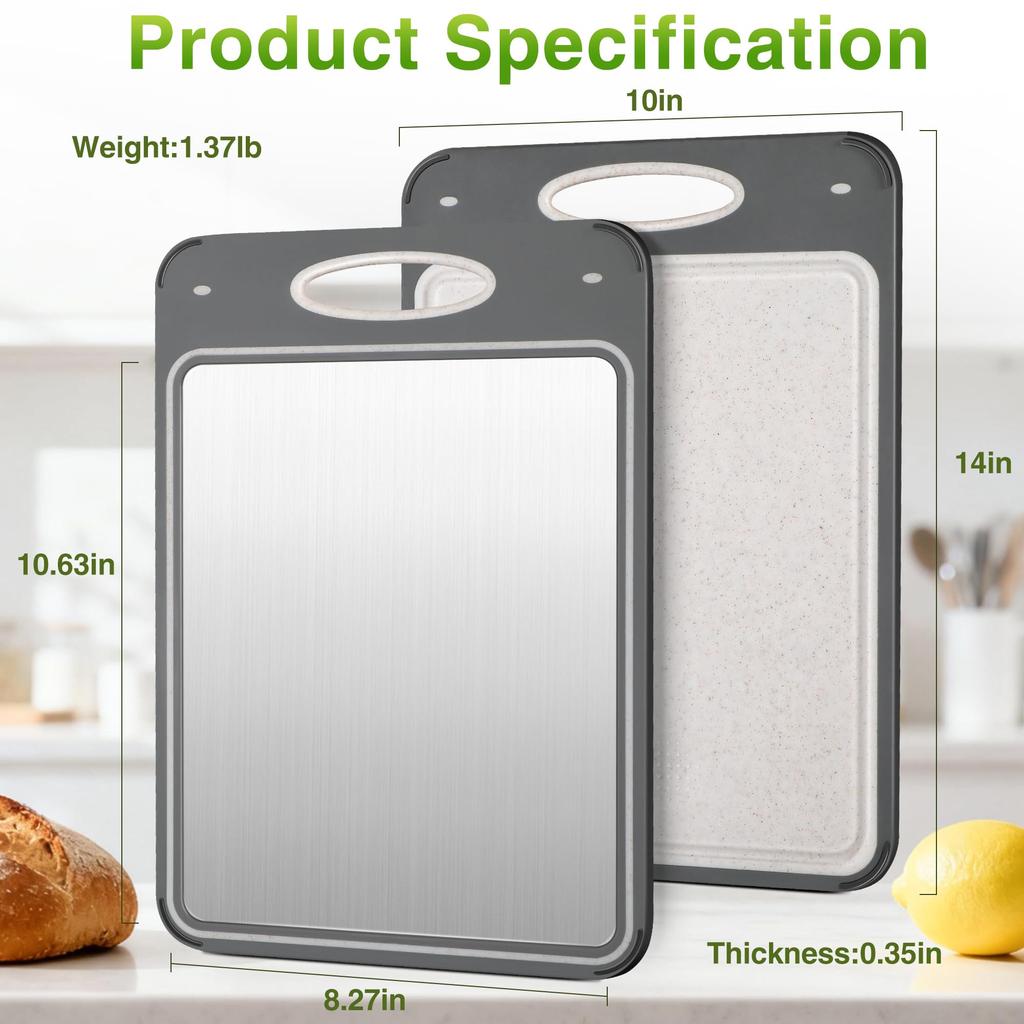 Titanium Cutting Board for Kitchen Double Sided Design Pure Titanium Metal Side for Meat Fish Wheat Straw PP Side for Fruits Vegetables Dishwasher Sa