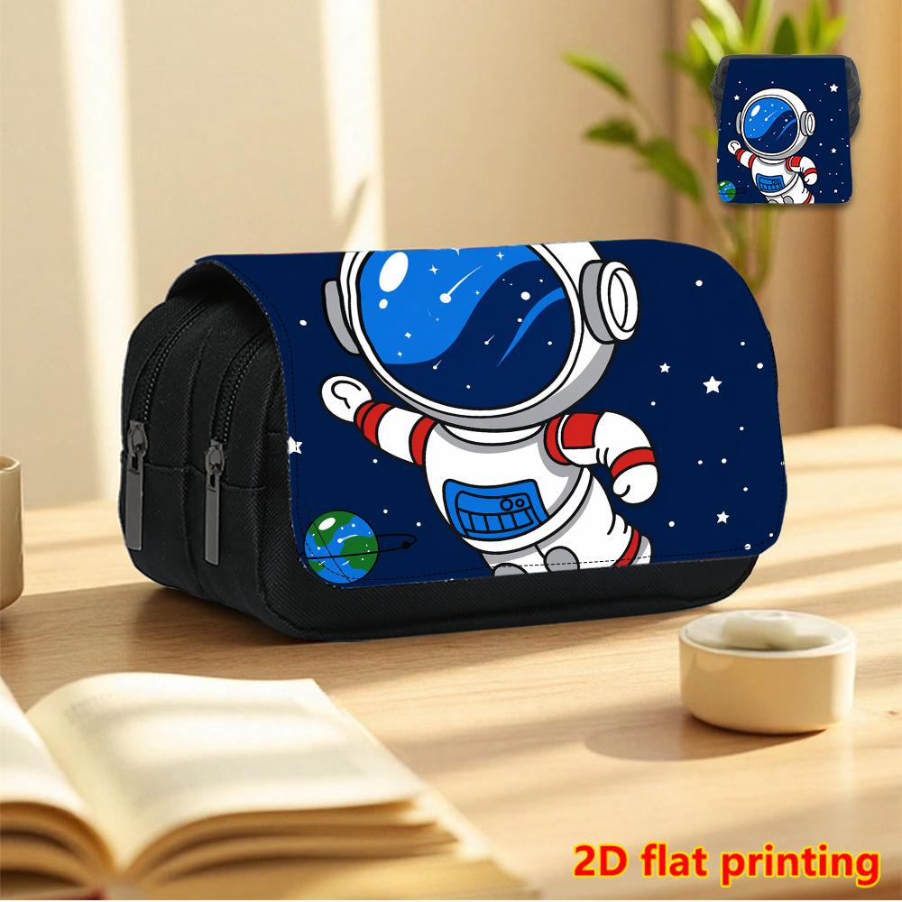 Women's Clutch Bag "Roaming the Universe" 2D Printed Double-Layer Flip-Top Black Pencil Case - Back-to-School Essential Pencil Box, Daily Multi-Functi
