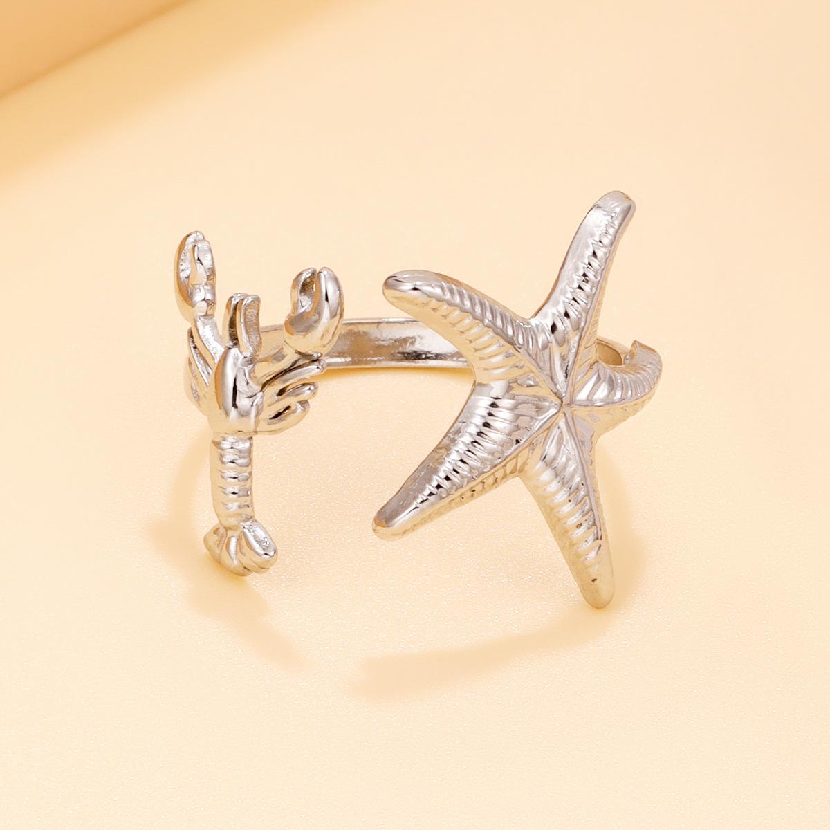 Ocean Life Series: Starfish & Lobster Patchwork Open Ring - Stainless Steel Casual Resort Accessory
