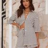 Women's Casual Two-Piece Suit Elegant Stylish Half Sleeve Stripes Shirt Tops Plaid Loose Shorts Suit