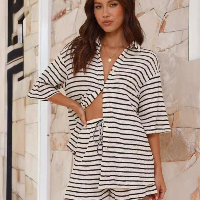 Women's Casual Two-Piece Suit Elegant Stylish Half Sleeve Stripes Shirt Tops Plaid Loose Shorts Suit