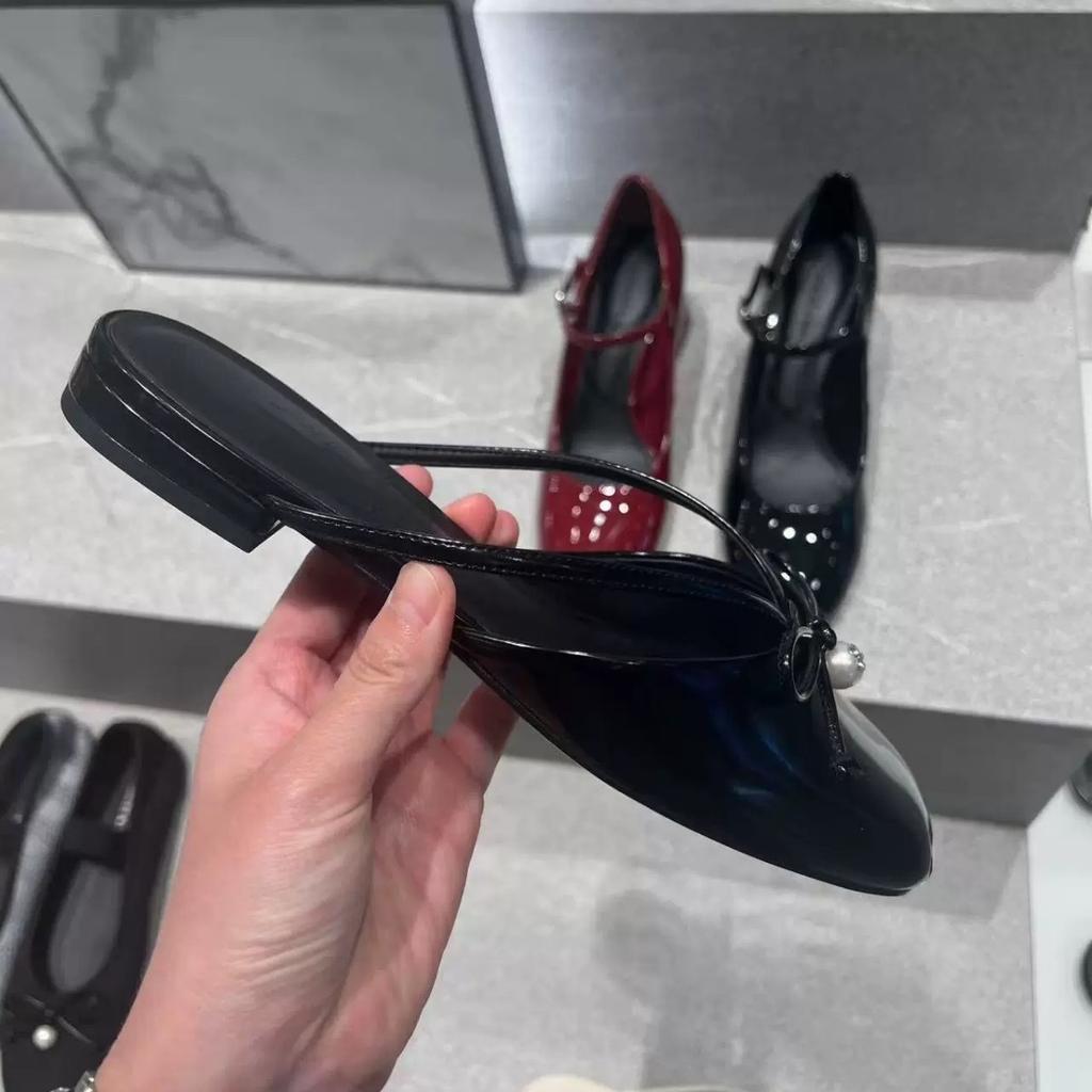 Summer Small C Design Sense New Bow Pearl Muller Shoes Women's Bag Head Half Slippers Low Heel Sandals Comfortable Women
