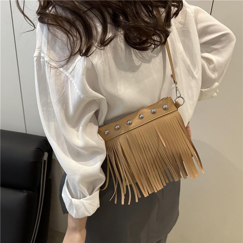 Tassel bag women's bag retro rivet shoulder messenger bag niche design small square bag