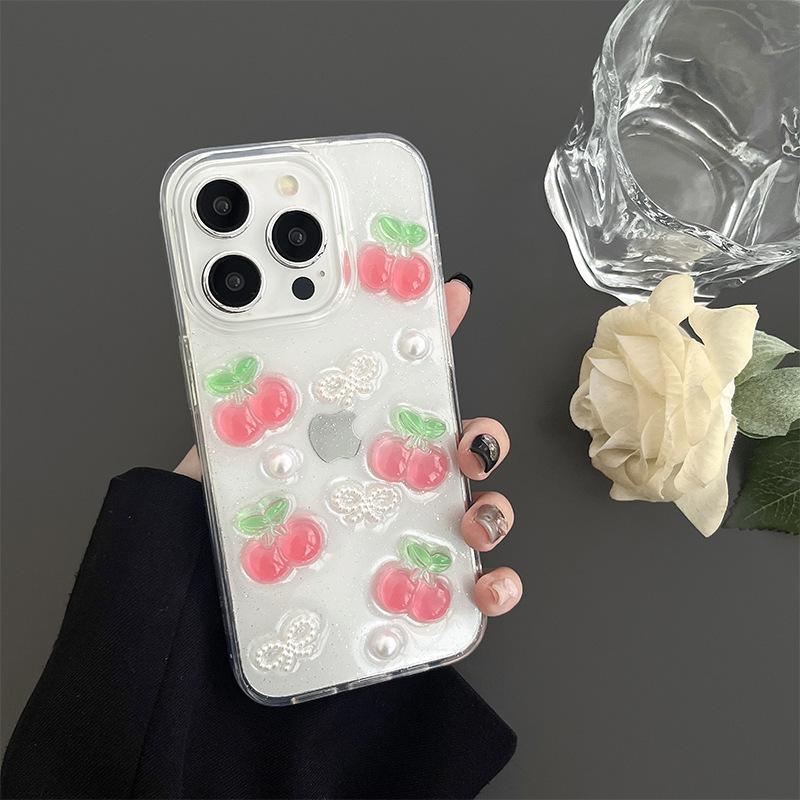 

Cherry Peach Phone Case for Apple 17 Promax Sparkling Pink Pearl for IPhone16 Bow Tie Transparent Women s Style For iPhone 17Promax