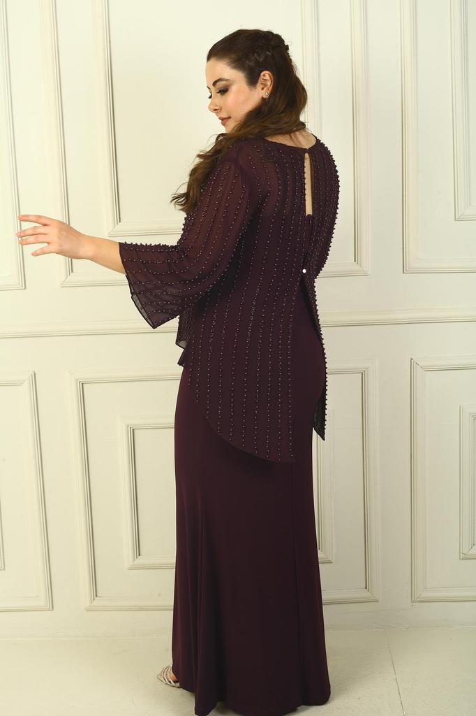 Lined Long Sandy Dress with Rope Straps and Back Buttoned Beaded Chiffon Blouse Plus Size 2-Piece Set