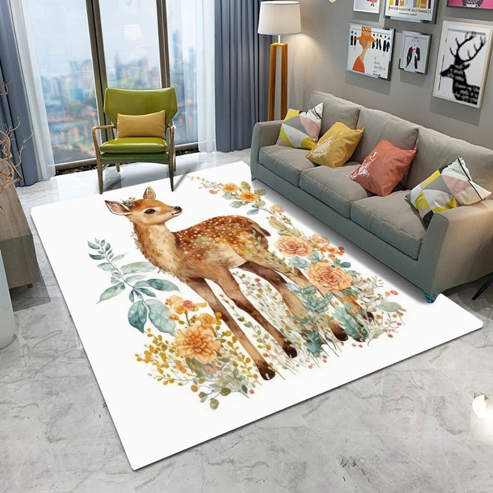 Watercolor Deer Floral Area Rug With Cute Animal Plant Pattern Soft Decorative Carpet For Living Room Bedroom Kids Room