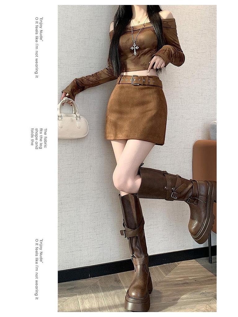 Women's Retro High-Waist Brown Suede A-line Mini Skirt - Spring/Autumn