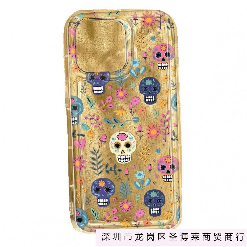 Colored skull flower applies to iPhone16Pro Apple 15Pro mobile phone case 14 transparent 13 airbag 12 burst