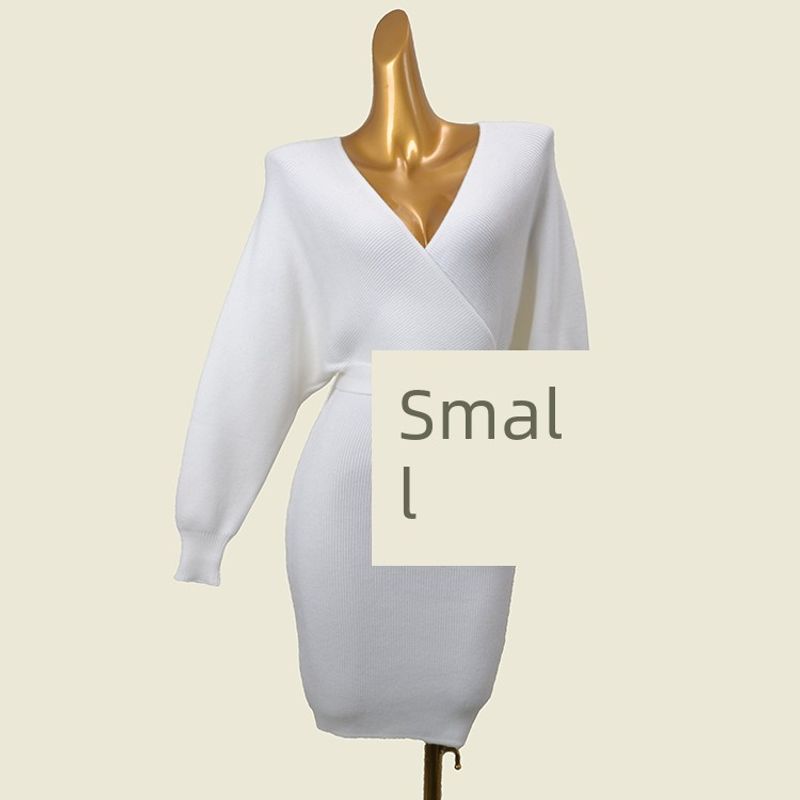 

Foreign Trade Original Order Bodycon Dress Fashion Wind Cross V-neck Long Sleeves Bat Skirt Fall and Winter Soft Glutinous High Elastic Knitting Dress White (with belt) M