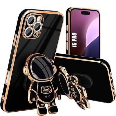 Case for iPhone 16 Pro - Black - Shockproof TPU - Adjustable Stand - Astronaut Pattern