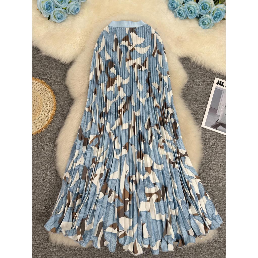 European & American Printed Pleated A-line Midi Skirt for Women - High-waisted, Versatile & Slimming