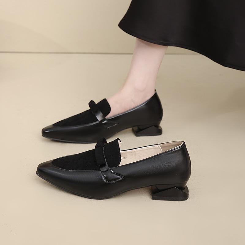 British Style Small Leather Shoes Women's Autumn New French Splicing Thick Heel Pointed Foreign Style Single Shoes Medium Heel Elegant Loafers