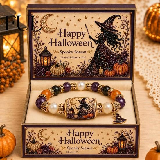 Stackable Charm Bracelet Halloween Stretch Beaded with Gift Box, Black Cat Pumpkin Ghost Spooky Theme Party Accessory Crow Witch Hat/Moon Charm,
