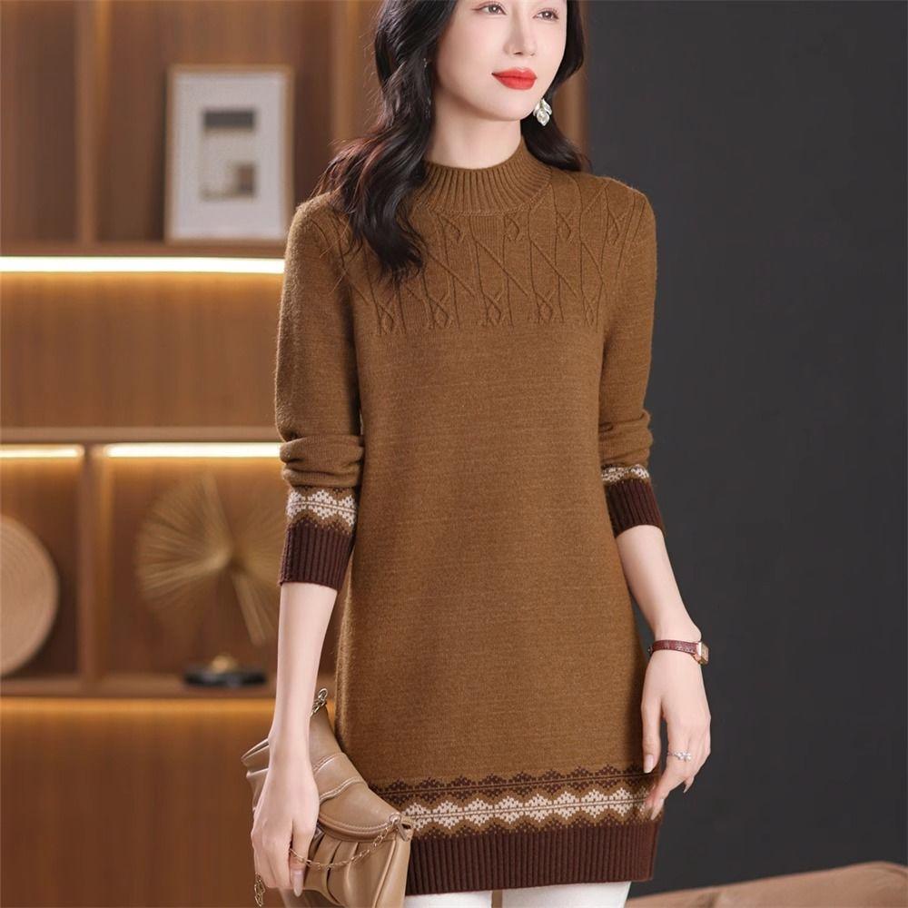 Half Turtleneck Knitted Sweater Women's Color Block Loose Mid-length Sweater Knitted Sweater Long-sleeved Casual Pullover Autumn and Winter Top