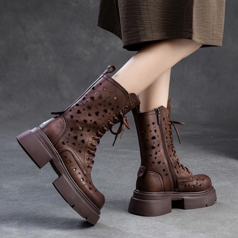 Fashion GKTINOO 2025 New Hollow-out Breathable Summer Mid-calf Boots Fashion Women's Shoes Genuine Leather Thick Soled Sandals
